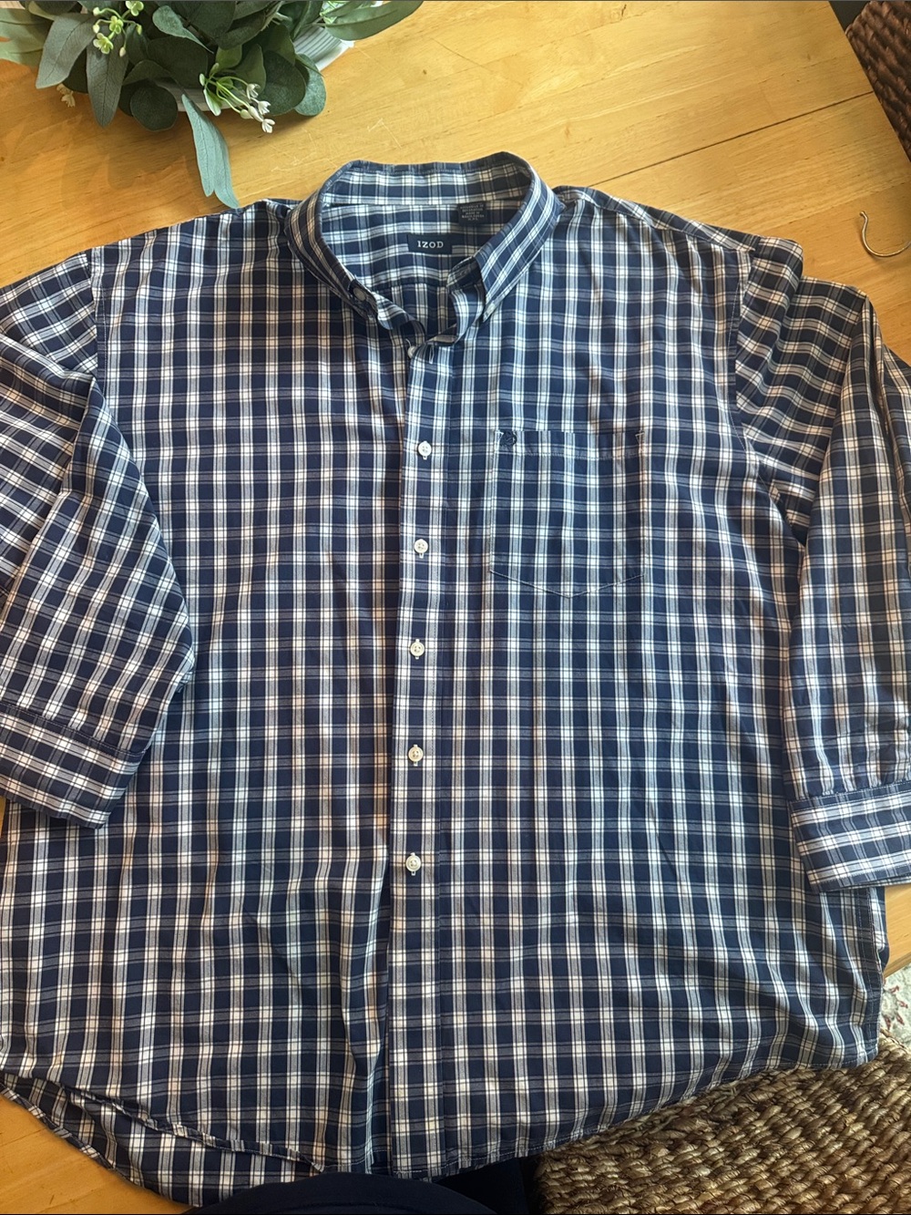 Izod Navy and White Plaid Cotton Button-Down Shirt
